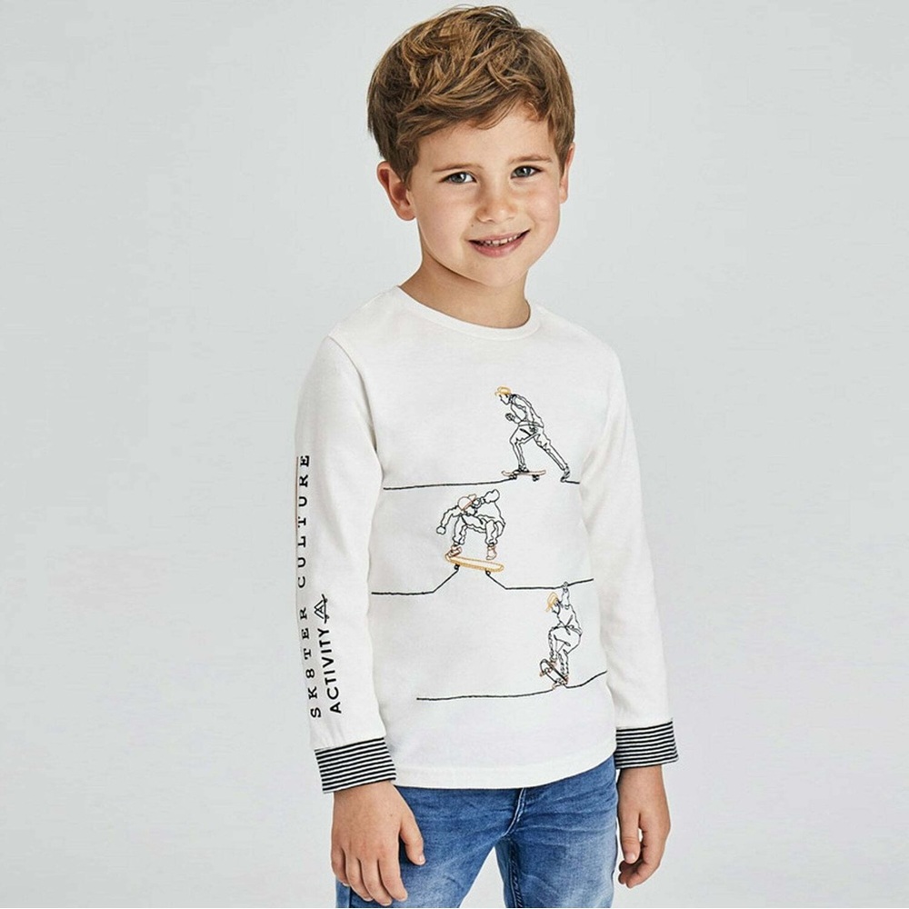 Size 6 Boys Mayoral Cream Long Sleeve Tee with Activity Graphics